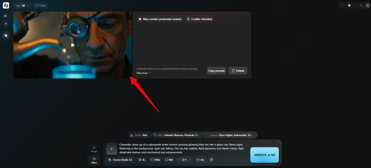 Previewing a video generating with Higgsfield AI.
