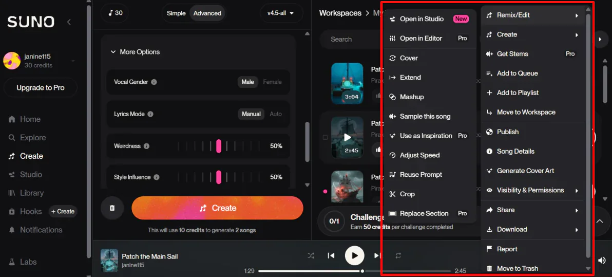 The editing options for songs generated with Suno AI.