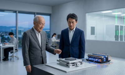 Two professional men in a high-tech laboratory observing a compact photonic processor prototype on an optical table.