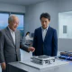 Two professional men in a high-tech laboratory observing a compact photonic processor prototype on an optical table.