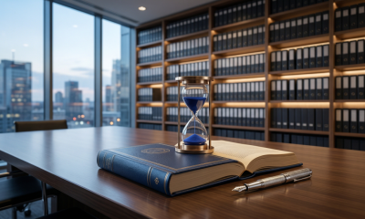 An hourglass with blue sand resting on a blue ledger book in a modern law or finance office, with a city skyline in the background.
