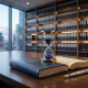 An hourglass with blue sand resting on a blue ledger book in a modern law or finance office, with a city skyline in the background.