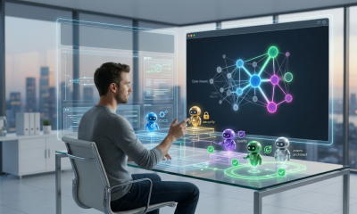 A developer sitting at a modern glass desk, interacting with a futuristic holographic interface that displays interconnected nodes and a series of small, specialized AI agent avatars assisting in a software development workflow.
