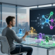 A developer sitting at a modern glass desk, interacting with a futuristic holographic interface that displays interconnected nodes and a series of small, specialized AI agent avatars assisting in a software development workflow.