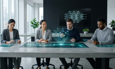 A diverse group of professionals in a modern, sunlit office working with integrated holographic interfaces and glowing neural network visualizations embedded in a large conference table.