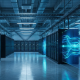 A wide, clean photograph inside a modern data center aisle with rows of server racks under cool blue lighting. On the right, blue neon energy light trails emanate from a server, representing flowing data and scalable AI infrastructure.