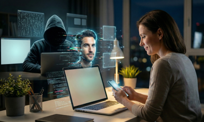 A split scene at night shows a smiling woman on the right looking at a dating app on her phone. On the left, a hooded, faceless figure at a laptop manipulates a glowing, glitching deepfake avatar of a handsome man that floats between them.