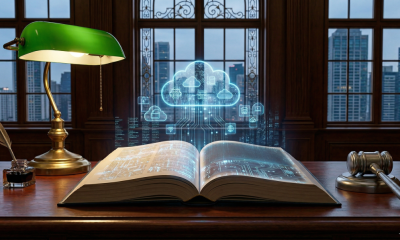 Photorealistic widescreen image of a wooden desk in a law library featuring an open book with glowing digital circuitry and a cloud computing icon rising from the pages, set against a backdrop of city skyscrapers at dusk.