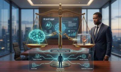A conceptual legal illustration showing a lawyer in a boardroom, a scale of justice with a glowing AI brain and a human hand, and a digital 