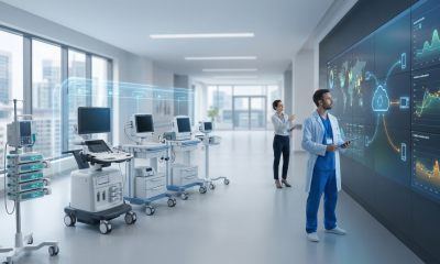 A high-tech, modern hospital hallway featuring advanced medical devices and a healthcare professional using a large digital data visualization wall displaying AI-driven analytics.