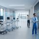 A high-tech, modern hospital hallway featuring advanced medical devices and a healthcare professional using a large digital data visualization wall displaying AI-driven analytics.