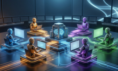 A futuristic workspace featuring five stylized robotic figures seated at glowing workstations, all connected by luminous data streams to a central server hub displaying a digital brain.