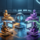 A futuristic workspace featuring five stylized robotic figures seated at glowing workstations, all connected by luminous data streams to a central server hub displaying a digital brain.