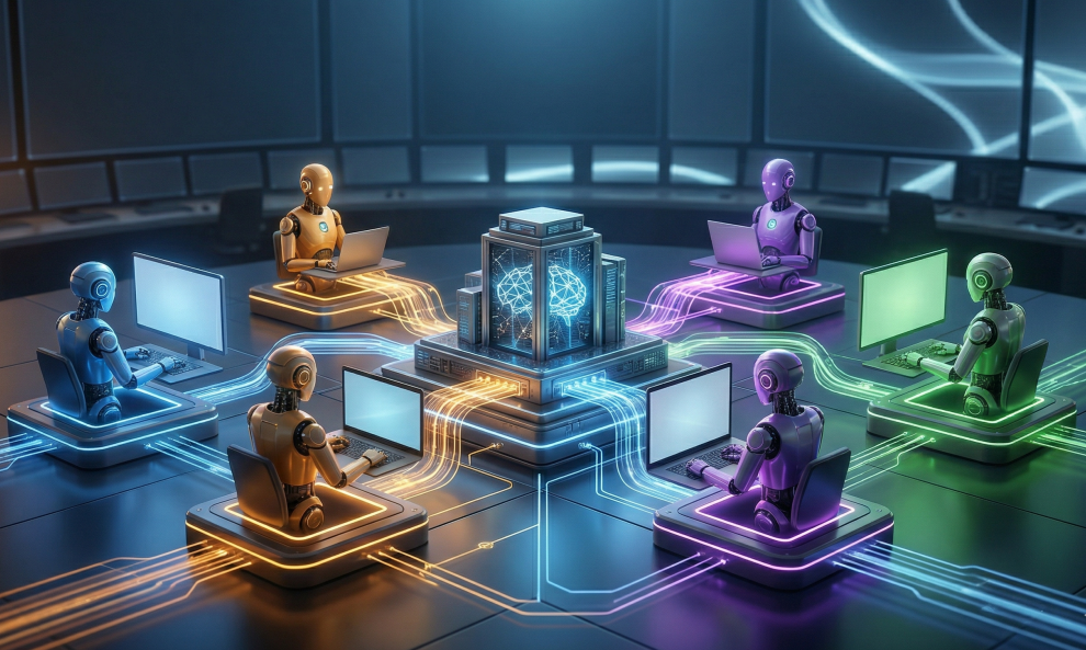 A futuristic workspace featuring five stylized robotic figures seated at glowing workstations, all connected by luminous data streams to a central server hub displaying a digital brain.