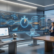 A sleek, modern futuristic office command center featuring a massive, curved transparent holographic display on a wall. The display is filled with glowing blue and orange charts, graphs, data visualization networks, and a large central stopwatch icon, all visualizing information flow. A desktop computer sits on a metal desk in the foreground, and a group of three business professionals in suits stand analyzing the holographic data in front of a large window overlooking a city skyline at dusk.