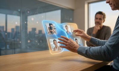 A photorealistic widescreen photograph focusing on human hands interacting with an advanced, personalized interface, derived from image_3.png. Mature, skilled hands guide a large, curved transparent holographic display that organically flows above a polished rich walnut surface in the right-foreground. The unified interface displays an intricate map of abstract, interconnected user journeys, visualized as a simple network graph with glowing blue and amber icons representing various user profiles: a creator with a camera, a healthcare worker, and a salesperson. Clean, defined lines connect these icons, symbolizing personalized AI pathways. In the blurred background, seen through a large glass wall, the same twilight city skyline from image_3.png is visible, with the indistinct glass hexagons. A second human figure, further back and blurred, stands near the window, observing the interaction thoughtfully, serving as a 'witness' to the human-centric design. The composition is clean, sophisticated, and horizontally balanced, with no visible text, only data visualizations. The lighting is dominated by the soft glow of the blue and amber data.