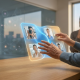 A photorealistic widescreen photograph focusing on human hands interacting with an advanced, personalized interface, derived from image_3.png. Mature, skilled hands guide a large, curved transparent holographic display that organically flows above a polished rich walnut surface in the right-foreground. The unified interface displays an intricate map of abstract, interconnected user journeys, visualized as a simple network graph with glowing blue and amber icons representing various user profiles: a creator with a camera, a healthcare worker, and a salesperson. Clean, defined lines connect these icons, symbolizing personalized AI pathways. In the blurred background, seen through a large glass wall, the same twilight city skyline from image_3.png is visible, with the indistinct glass hexagons. A second human figure, further back and blurred, stands near the window, observing the interaction thoughtfully, serving as a 'witness' to the human-centric design. The composition is clean, sophisticated, and horizontally balanced, with no visible text, only data visualizations. The lighting is dominated by the soft glow of the blue and amber data.