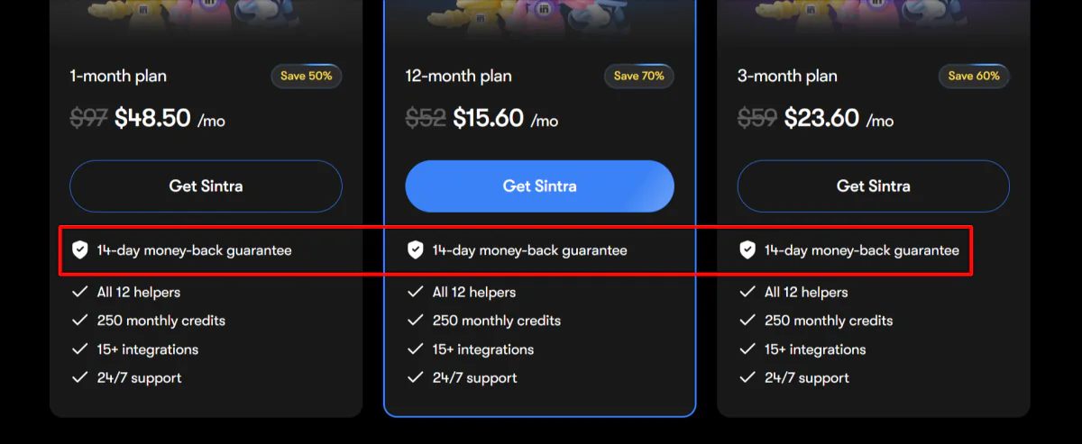 Sintra offering a 14-day money-back guarentee on their pricing page.