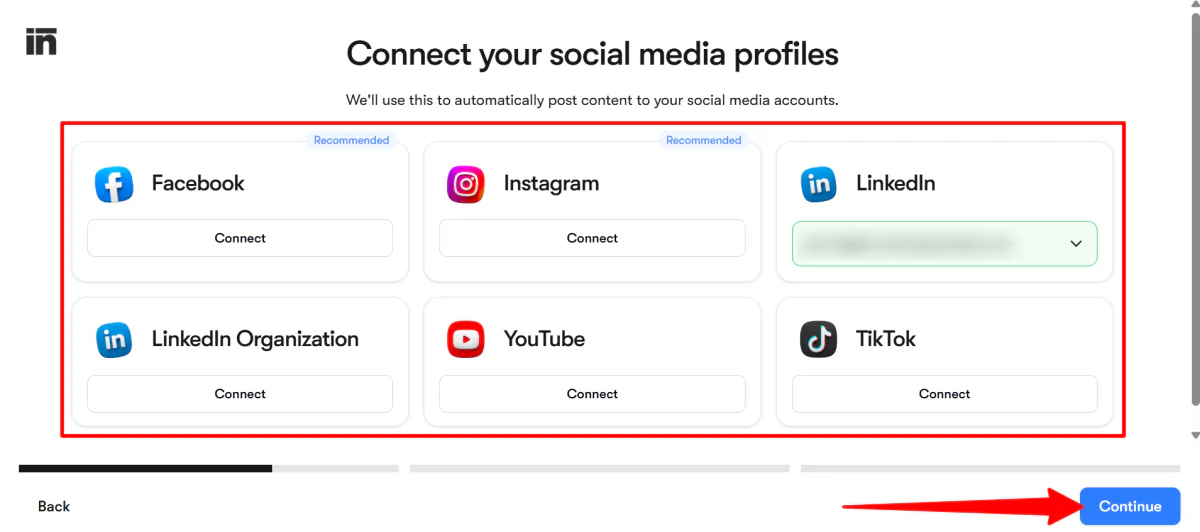 Connecting social media profiles on Sintra AI.
