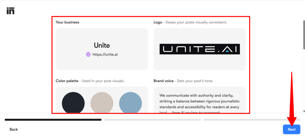 Editing the brand kit when setting up social media posts on Sintra AI.