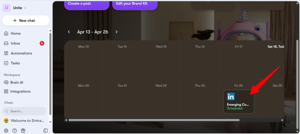 Scheduled posts in the Social Media Manager on Sintra AI.