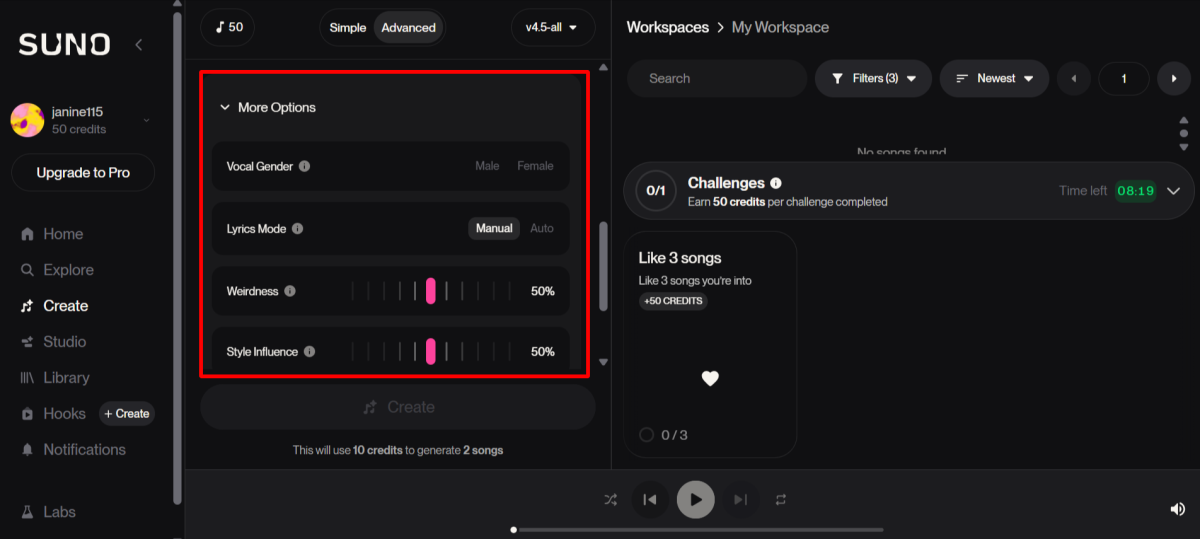 Toggle options when generating a song with Suno AI.