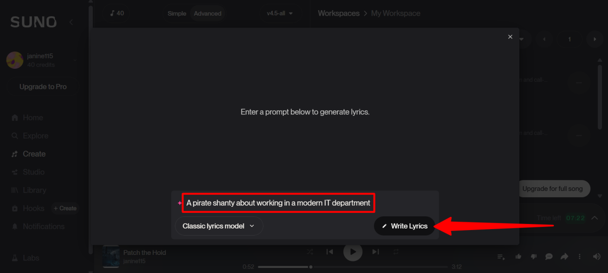 Getting AI to write lyrics from a pronpt in Suno AI.