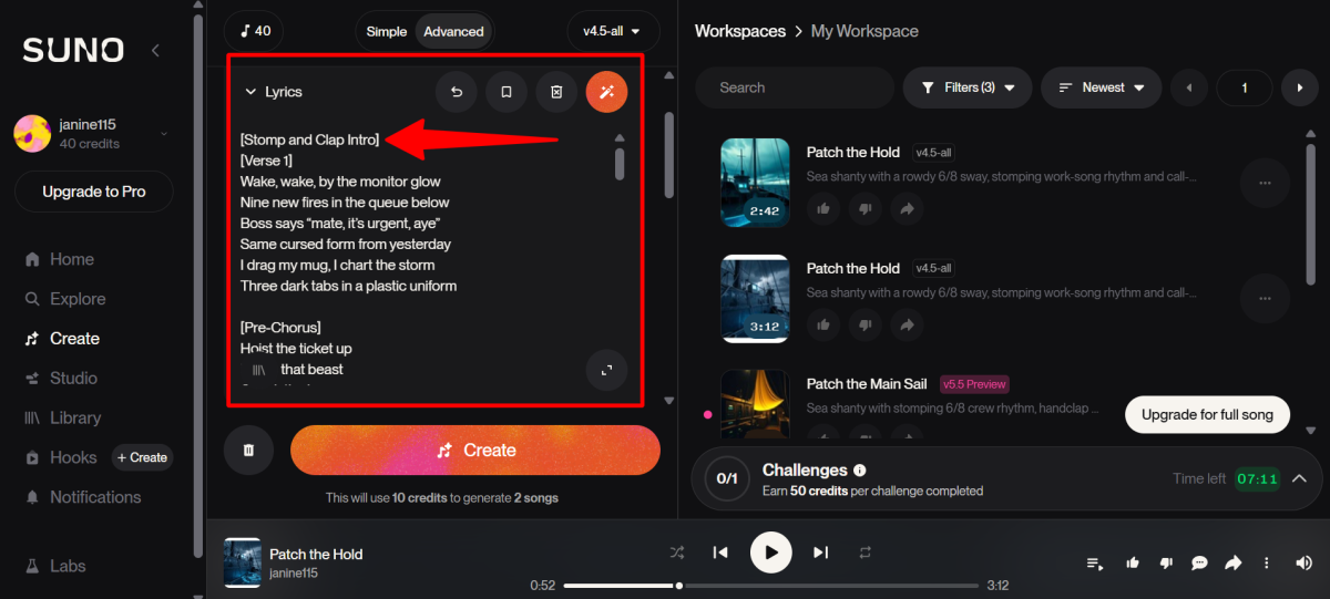 Adding tags to the lyrics generated with AI when creating a song with Suno.