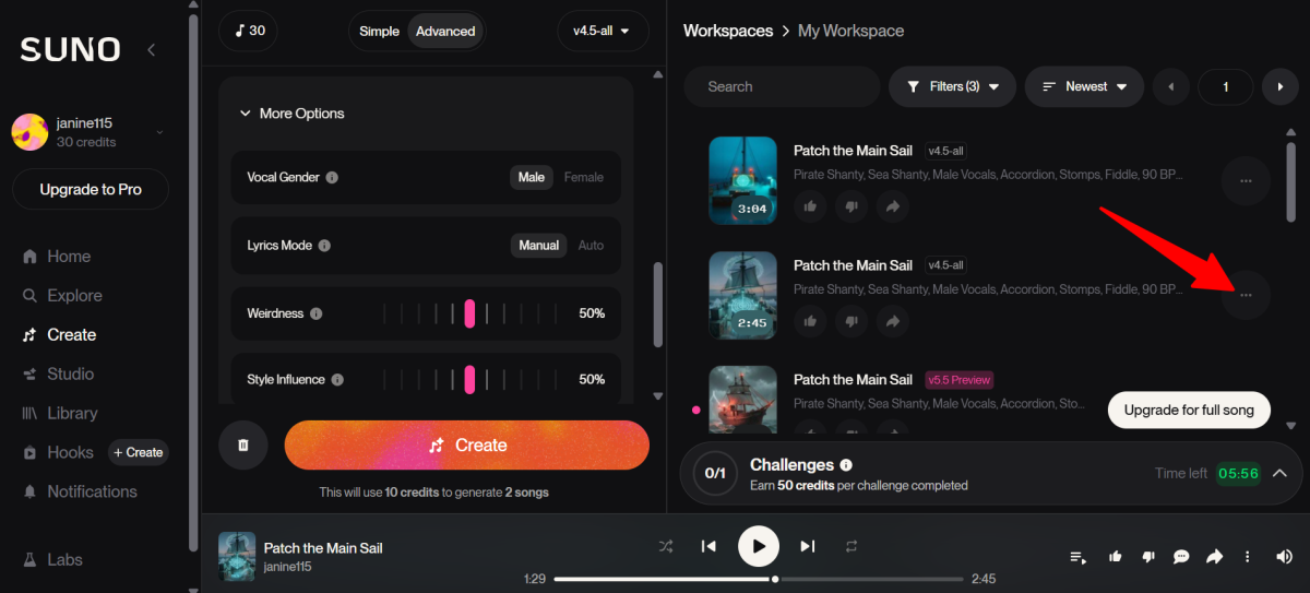 Exploring the menu options for a song generated with Suno.