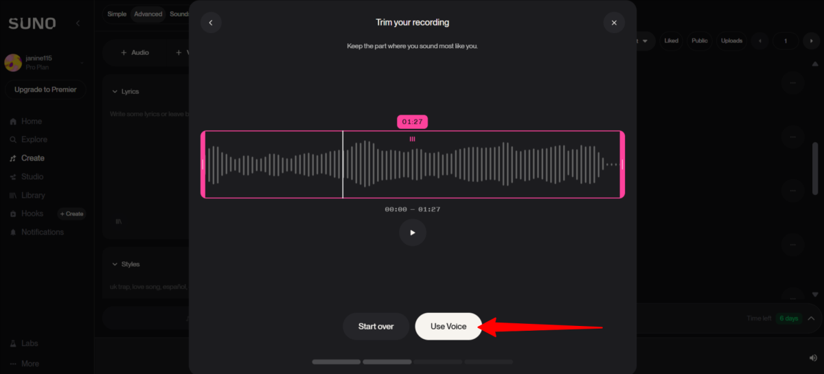Using an audio recording of myself singing to use as a voice in Suno AI.