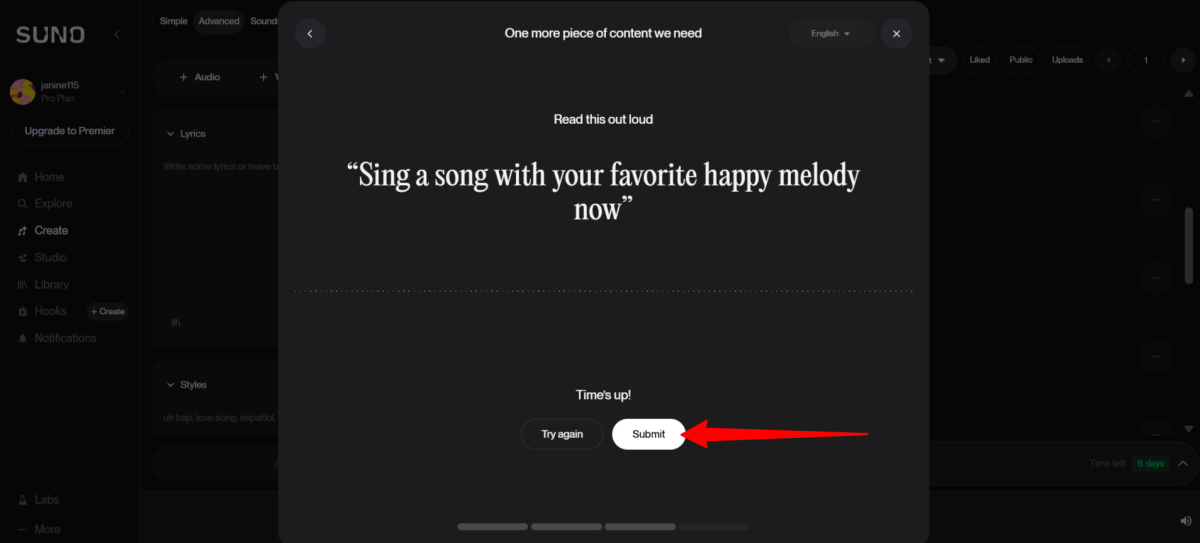 Verifying a custom voice by reading some text in Suno AI.