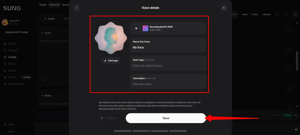 Filling out the final details when creating a custom voice with Suno AI.