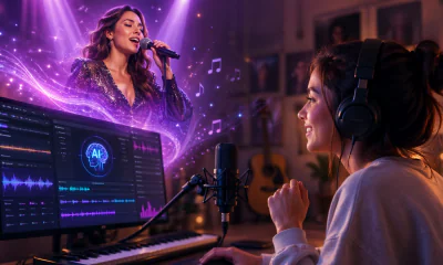 A girl using an AI music generator to turn herself into a pop star using her voice.