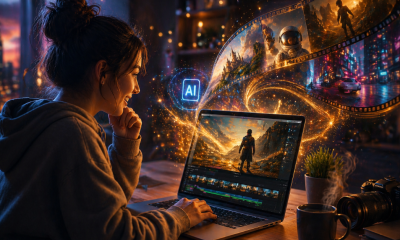 A woman on a laptop generating films with AI.