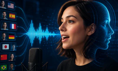 A woman using an AI dubbing and translation tool.