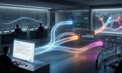 A photorealistic widescreen image of a modern Security Operations Center (SOC) where a single glowing data stream from a computer screen branches out into multiple autonomous pathways, representing the shift from generative AI to complex agentic AI workflows.