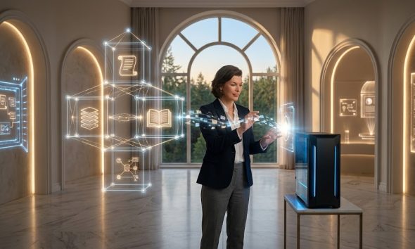 A woman standing in a luminous, neoclassical hallway, interacting with glowing holographic data structures representing a 