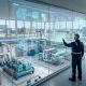 A facilities operator in a modern control center interacting with a large, transparent digital display that shows AI-driven data visualizations and schematics overlaying a physical HVAC utility plant.