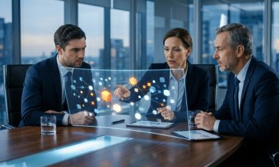 A cinematic, wide-angle shot of three corporate executives in a high-rise boardroom, leaning in to scrutinize a glowing holographic data visualization of connected cubes and nodes floating above a polished wooden table.