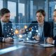 A cinematic, wide-angle shot of three corporate executives in a high-rise boardroom, leaning in to scrutinize a glowing holographic data visualization of connected cubes and nodes floating above a polished wooden table.