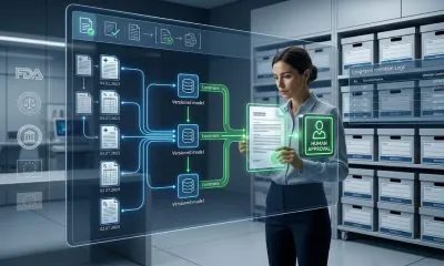 A photorealistic widescreen image of a compliance professional interacting with a holographic interface that visualizes a verifiable chain of evidence for AI outputs, set against a background of an organized digital archive.
