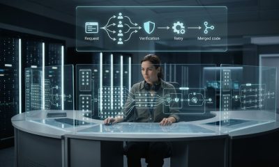 A cinematic, wide-angle shot of a technical professional sitting at a futuristic curved workstation in a dark data center, orchestrating a complex digital workflow displayed on glowing holographic glass panels.