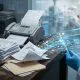 A photorealistic scene depicting a cluttered medical desk covered in fax papers transforming into glowing digital data streams that organize into a clean care pathway visualization on a tablet held by a gloved hand.