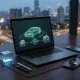 A professional desk setting overlooking a blurred city at dusk, featuring a laptop screen displaying a holographic interface of interconnected icons—a car, a house, and a digital wallet—symbolizing autonomous AI financial transactions and agentic banking.