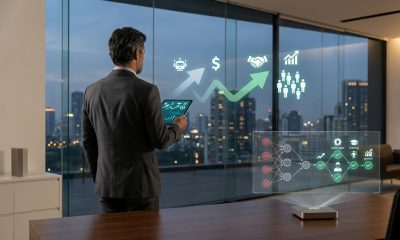 A cinematic, wide-angle photograph of a contemplative executive looking out a high-rise office window at dusk. The view is split by two detailed holographic projections: the left projection visualizes a rapid, volatile AI 'hype' cycle, and the right projection visualizes a structured, regulated network map of 'governed integration.' The image metaphorically captures the shift from reckless automation toward managed corporate AI deployment.