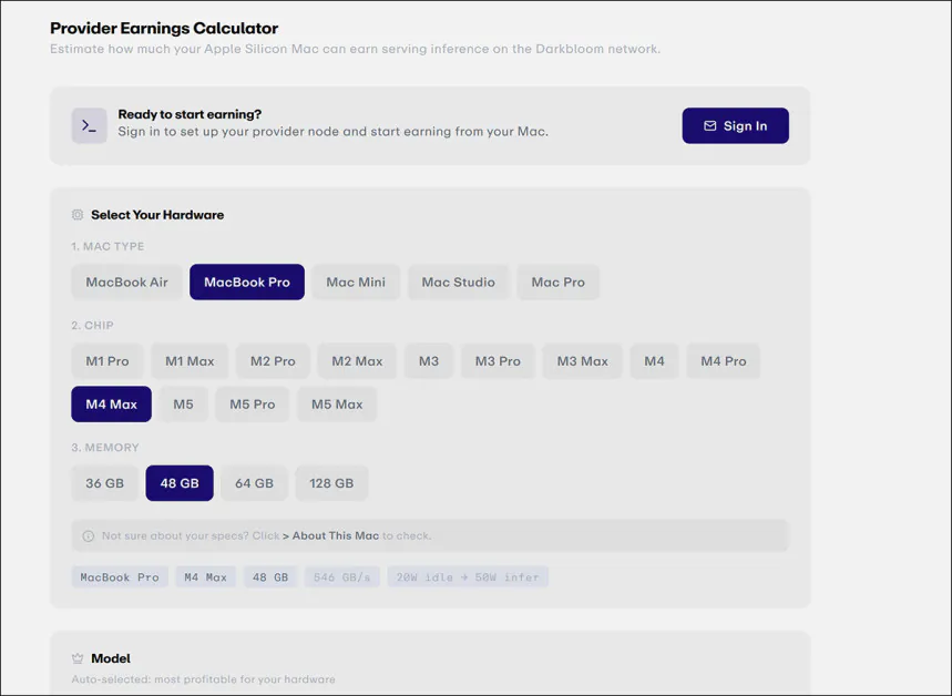 DarkBloom web sitesinin Kazançlar bölümünden, kullanıcılar kiralamak istedikleri ekipmanı ve desteklemek istedikleri AI modellerini seçebilir. Kaynak: https://darkbloom.dev/