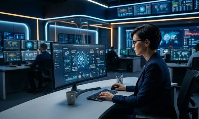 A professional security analyst working in a modern, high-tech Security Operations Center (SOC) with multiple monitors displaying AI-driven data visualizations and neural network interfaces.