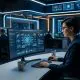 A professional security analyst working in a modern, high-tech Security Operations Center (SOC) with multiple monitors displaying AI-driven data visualizations and neural network interfaces.
