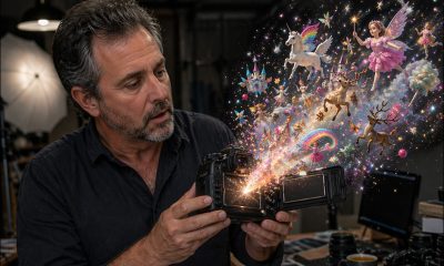 AI-generated image (GPT-2). A photographer examines an open DSLR as a stream of colorful fantasy creatures and glowing imagery bursts out, while he reacts with focused, subdued surprise in a studio setting.