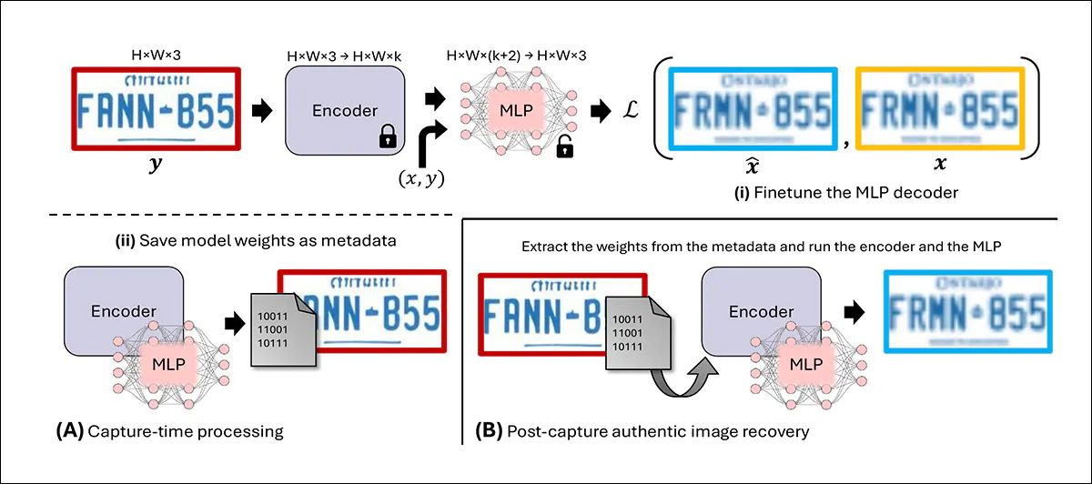Overview of the proposed method. In (A), at capture time, the ISP output image containing hallucinations is passed through a frozen pretrained encoder, and its latent features are combined with spatial coordinates and fed into an MLP that operates per pixel to predict the non-hallucinated image, with training guided by a loss against the authentic image. The encoder and MLP weights are then saved as metadata alongside the image. In (B), at inference, these weights are retrieved from the metadata and used with the encoder and MLP to reconstruct the non-hallucinated image.